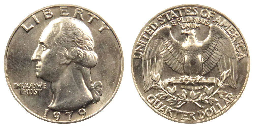 1979 Washington quarter obverse and reverse showing design details and mint mark location