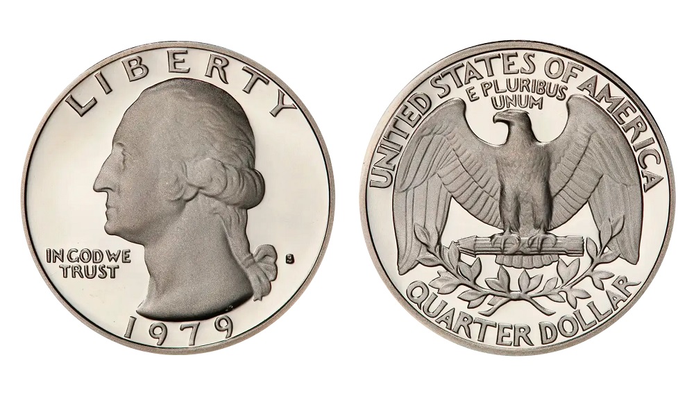 1979 Washington quarter grading strip showing four condition tiers from worn to gem uncirculated